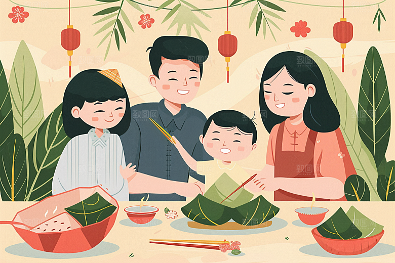端午包粽子阖家团聚粽叶插画