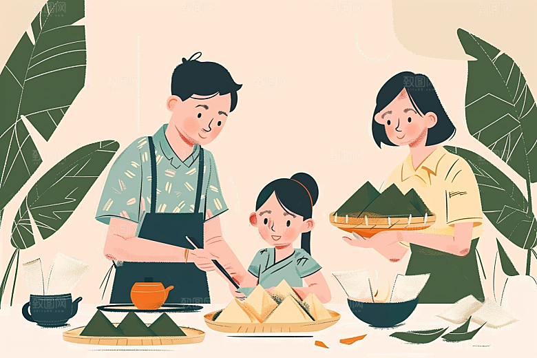 端午包粽子小吃手绘插画