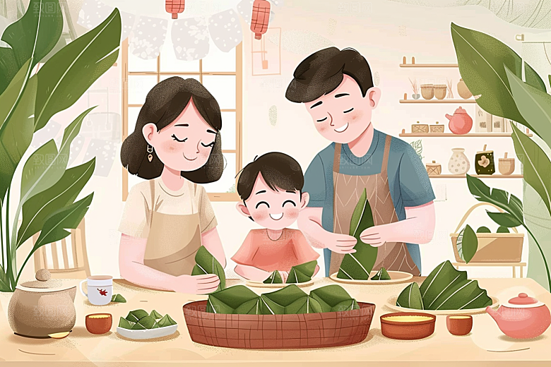 端午包粽子糯米小吃插画