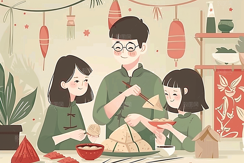 端午包粽子小吃幸福插画