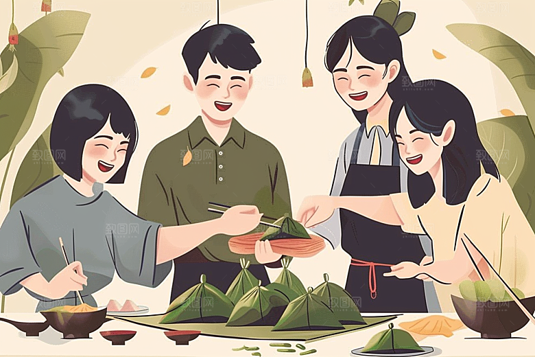 端午包粽子温馨小吃插画