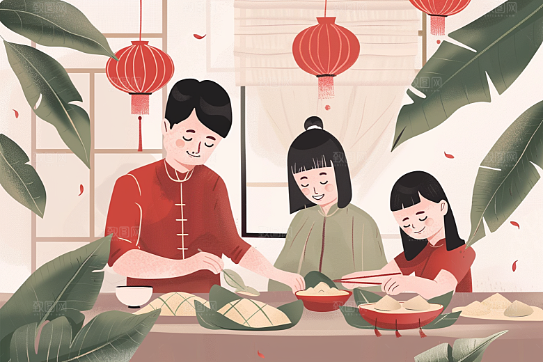 端午包粽子习俗温馨插画