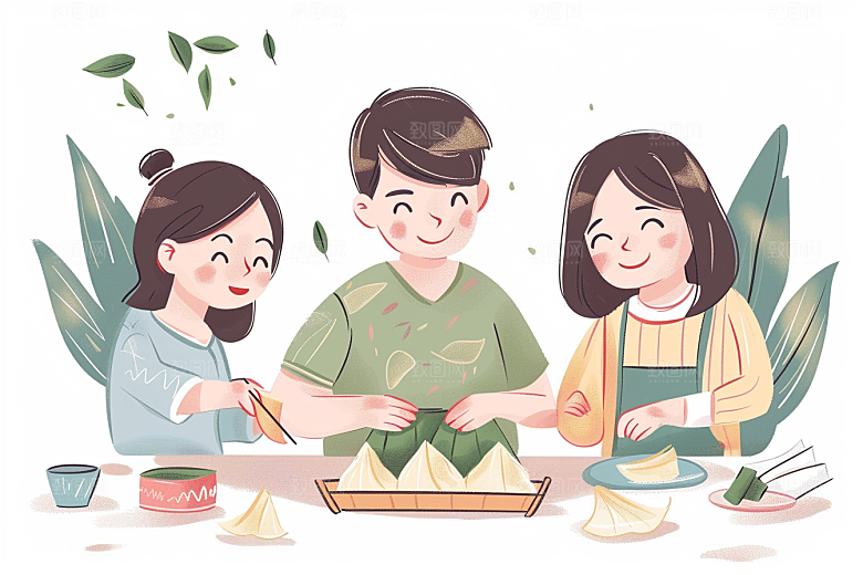 端午包粽子糯米幸福插画
