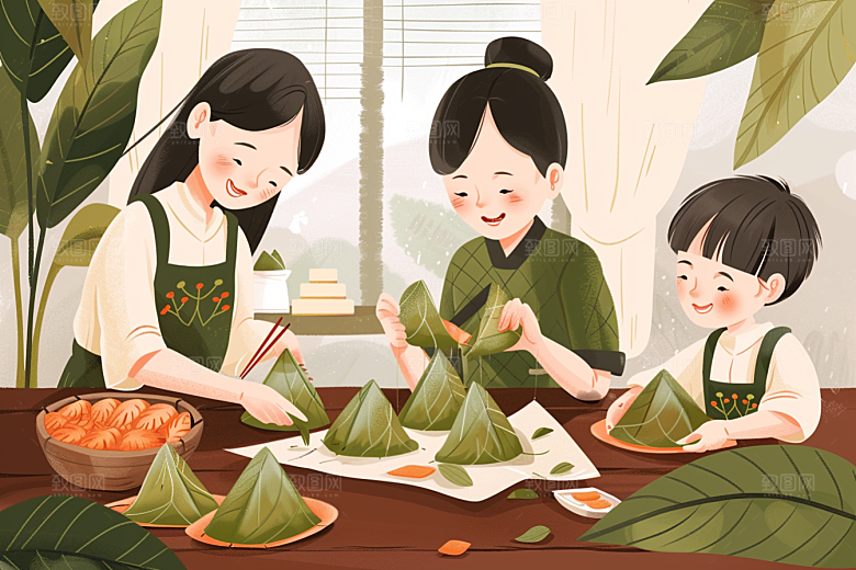 端午包粽子温馨端午节插画