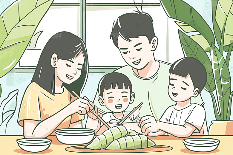 端午包粽子幸福手绘插画