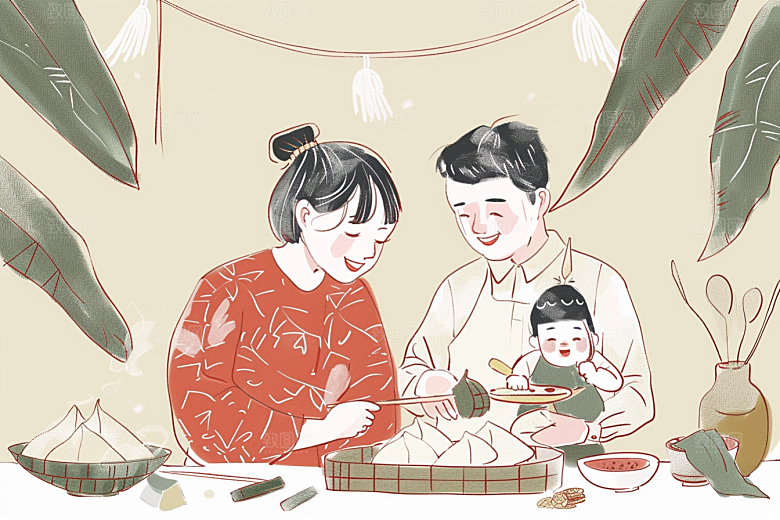 端午包粽子美食节日氛围插画