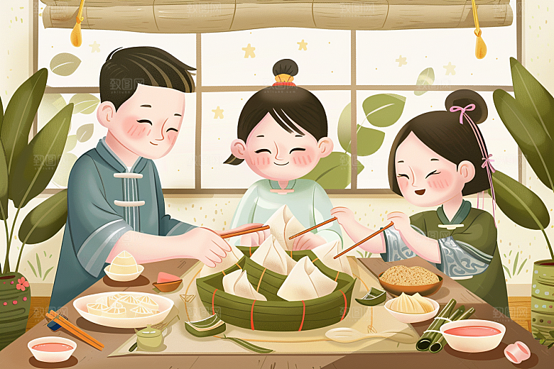 端午包粽子习俗粽叶插画