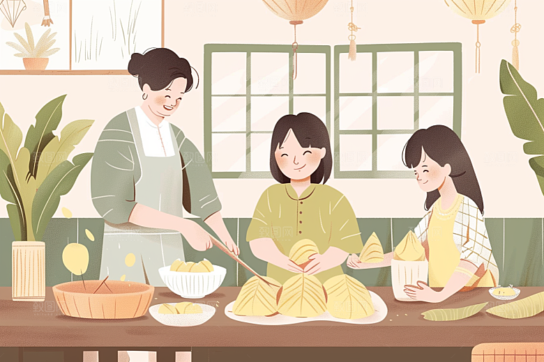 端午包粽子节日高清插画