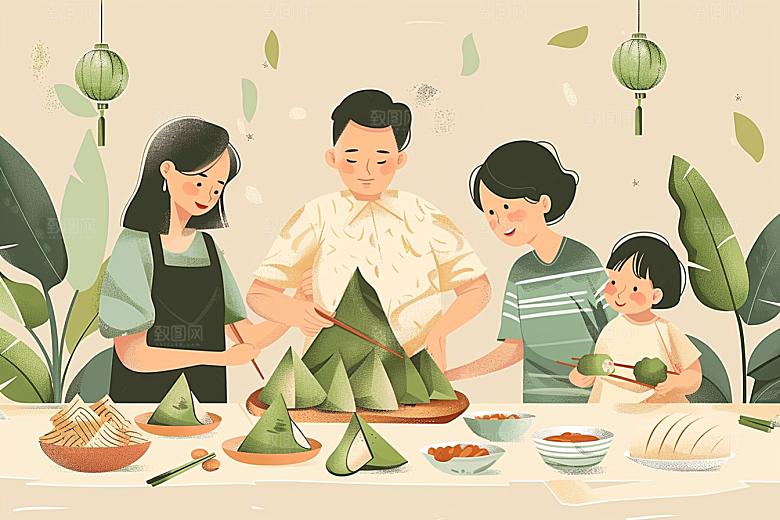 端午包粽子节日幸福插画