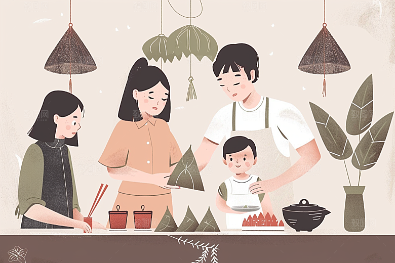 端午包粽子高清节日氛围插画