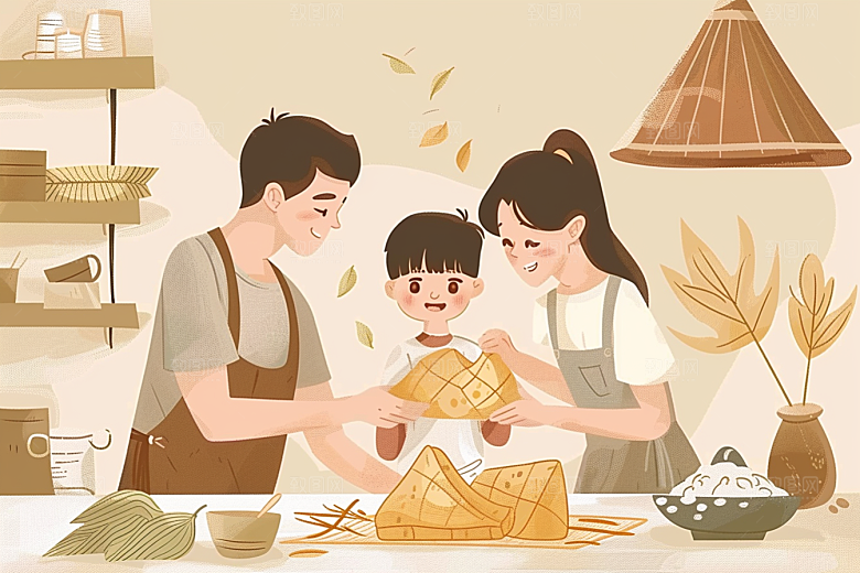 端午包粽子高清温馨插画