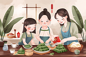 端午包粽子温馨美食插画