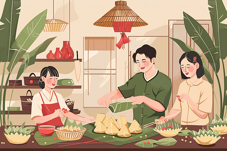 端午包粽子幸福小吃插画