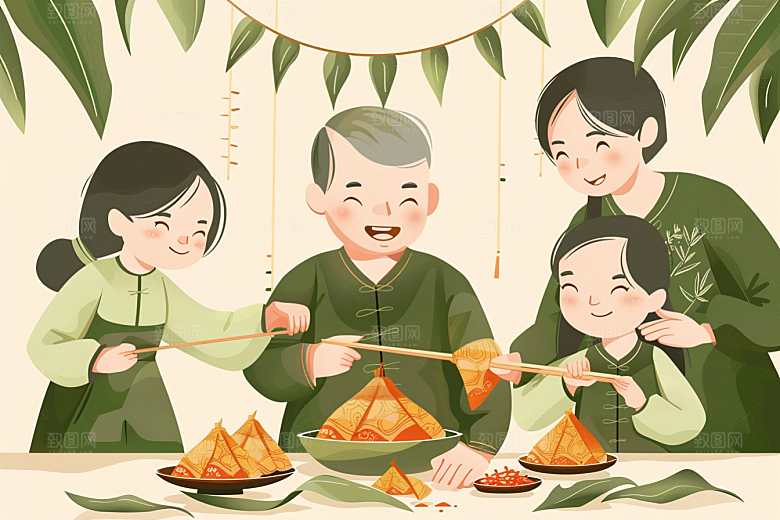 端午包粽子糯米习俗插画