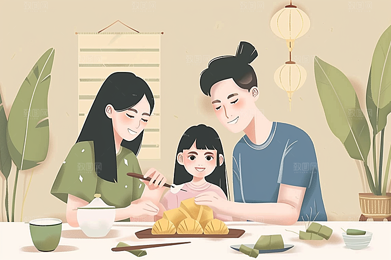 端午包粽子节日氛围美食插画