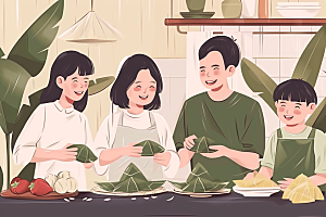 端午包粽子阖家团聚美味插画
