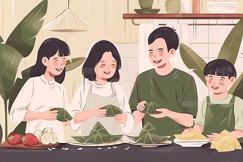端午包粽子阖家团聚美味插画
