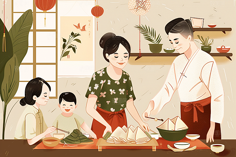 端午包粽子习俗幸福插画