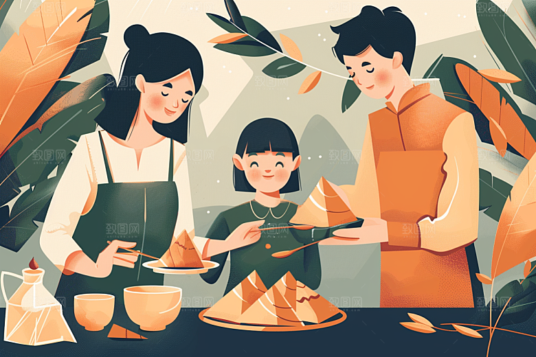 端午包粽子阖家团聚端午节插画