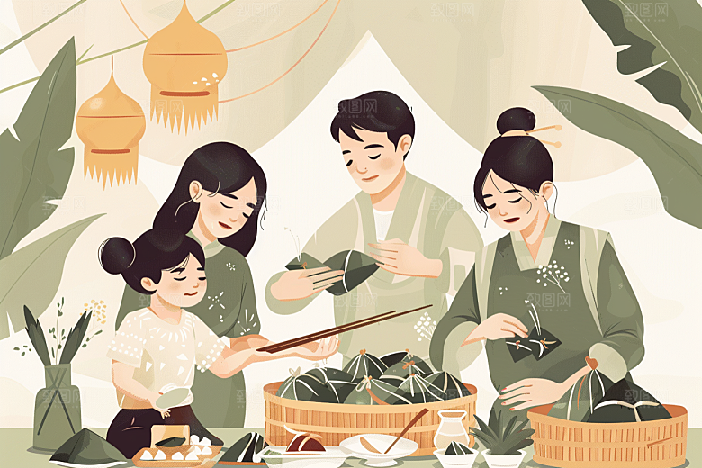 端午包粽子阖家团聚小吃插画