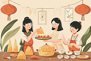 端午包粽子阖家团聚幸福插画