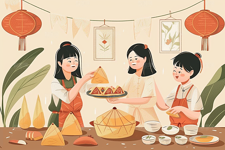 端午包粽子阖家团聚幸福插画