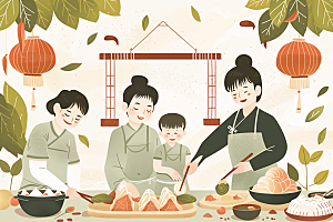 端午包粽子传统文化幸福插画