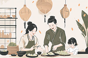 端午包粽子小吃节日氛围插画