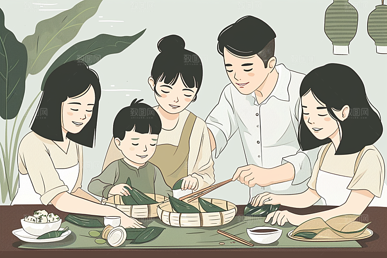 端午包粽子手绘节日氛围插画