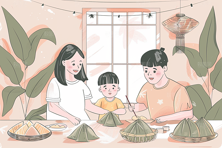 端午包粽子温馨粽叶插画