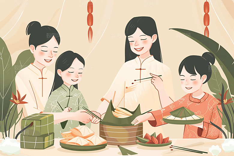 端午包粽子温馨美味插画
