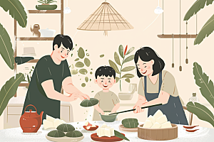 端午包粽子美食节日氛围插画