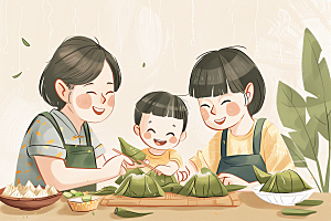 端午包粽子美食温馨插画