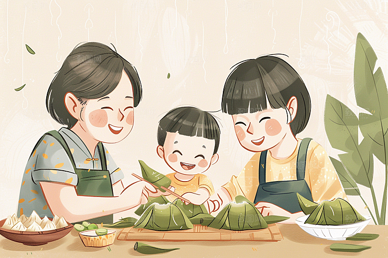 端午包粽子美食温馨插画