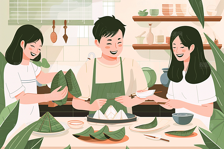 端午包粽子幸福糯米插画