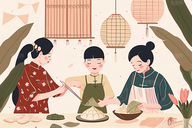 端午包粽子高清端午节插画