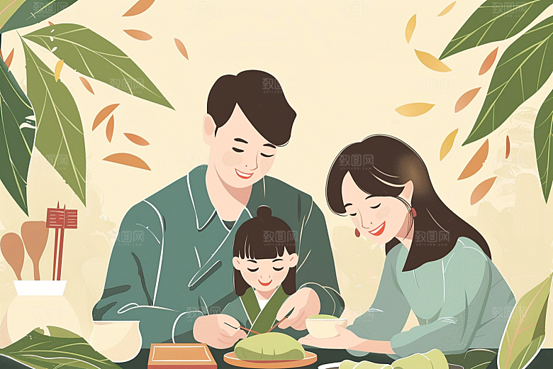 端午包粽子高清幸福插画