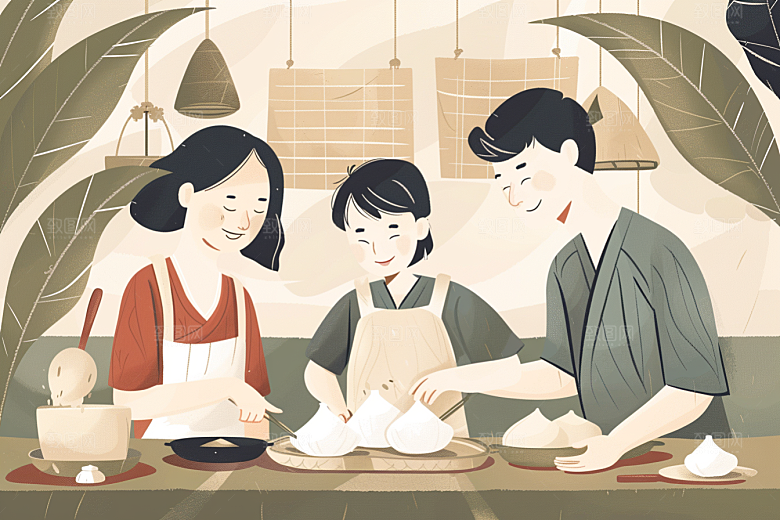 端午包粽子粽叶手绘插画