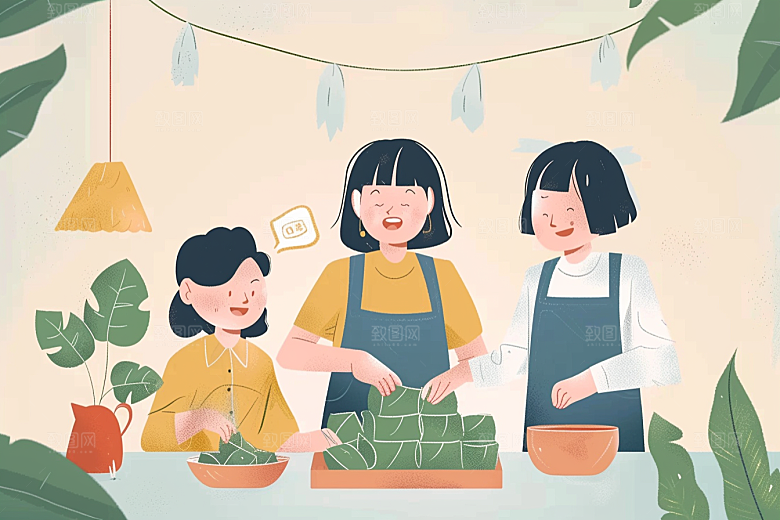 端午包粽子粽叶阖家团聚插画