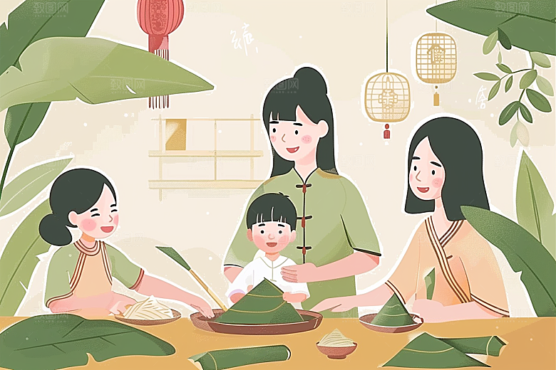 端午包粽子幸福传统文化插画