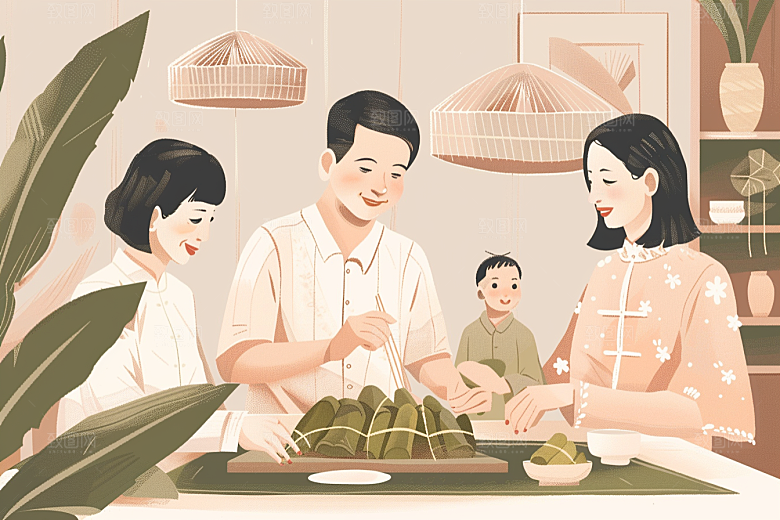 端午包粽子温馨小吃插画
