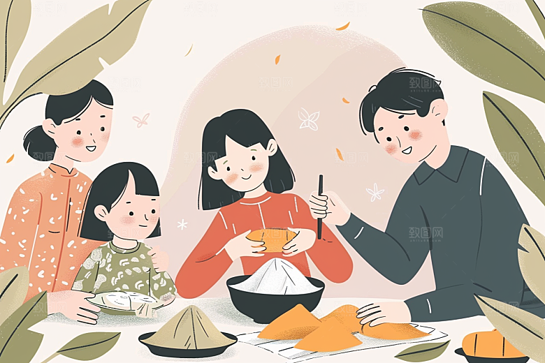 端午包粽子温馨传统文化插画