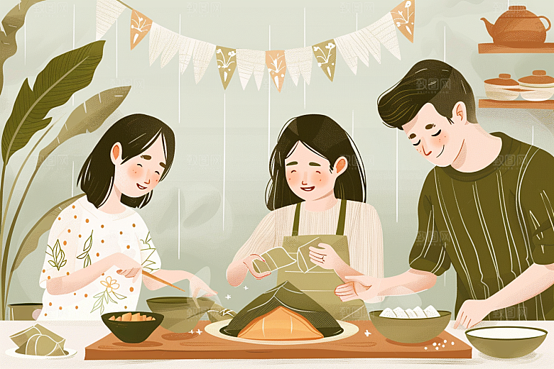 端午包粽子手绘粽叶插画