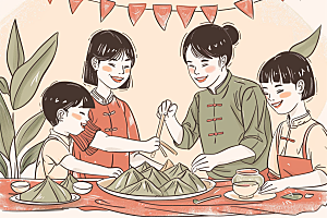 端午包粽子节日氛围幸福插画