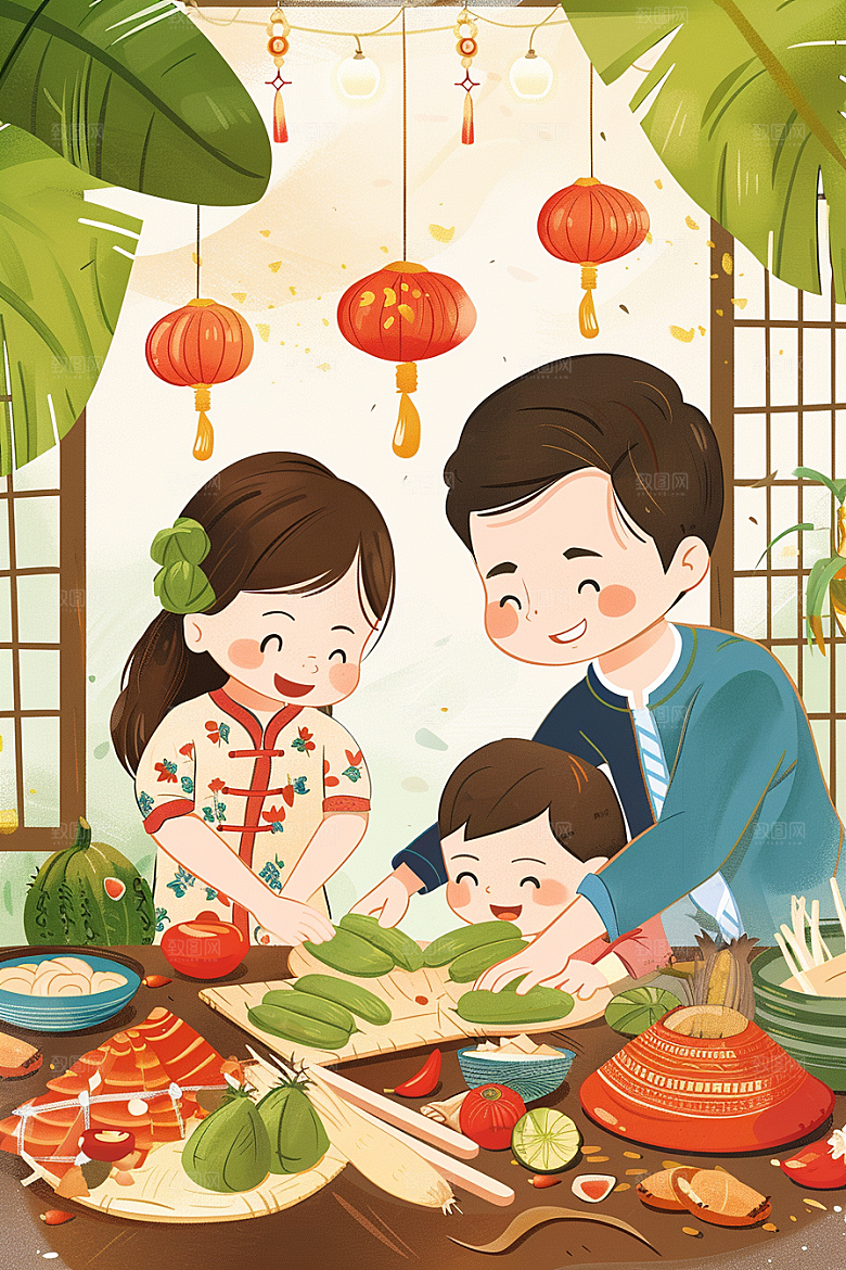 端午包粽子习俗幸福插画