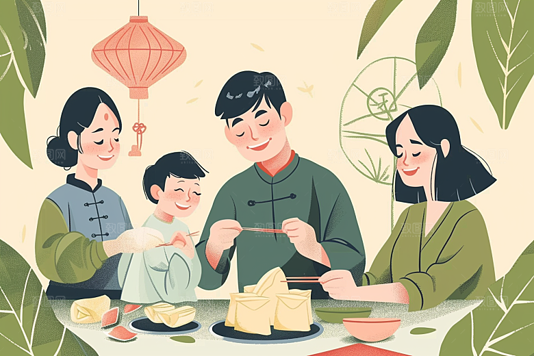 端午包粽子手绘幸福插画