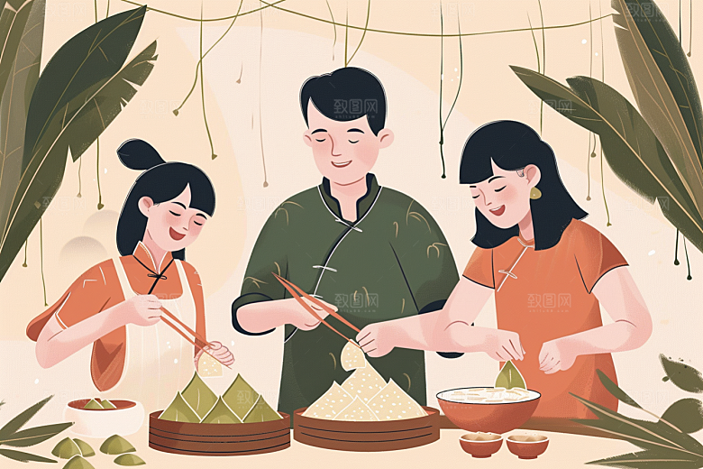 端午包粽子幸福温馨插画