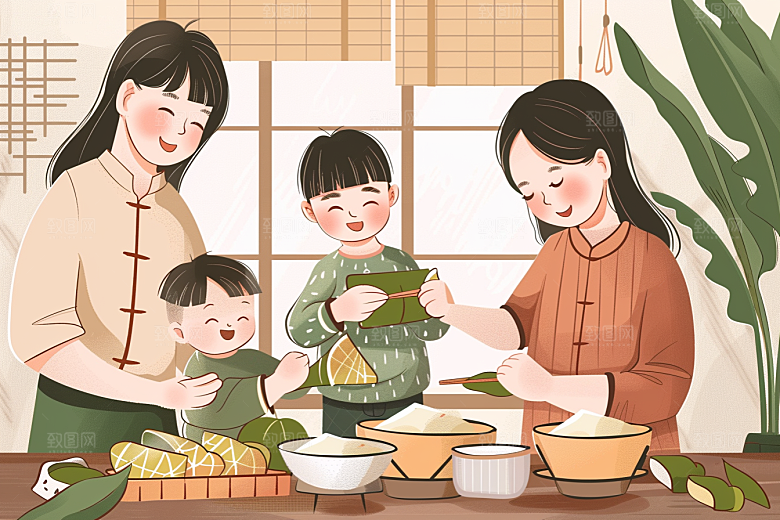 端午包粽子节日小吃插画