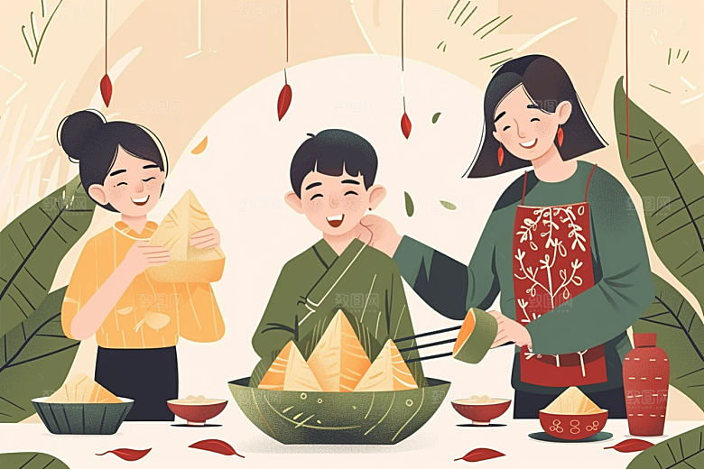 端午包粽子手绘粽叶插画