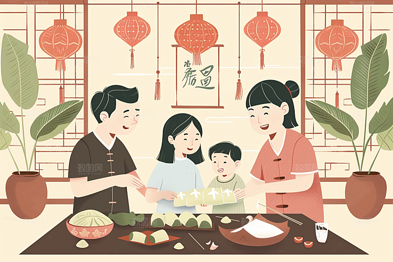 端午包粽子手绘阖家团聚插画